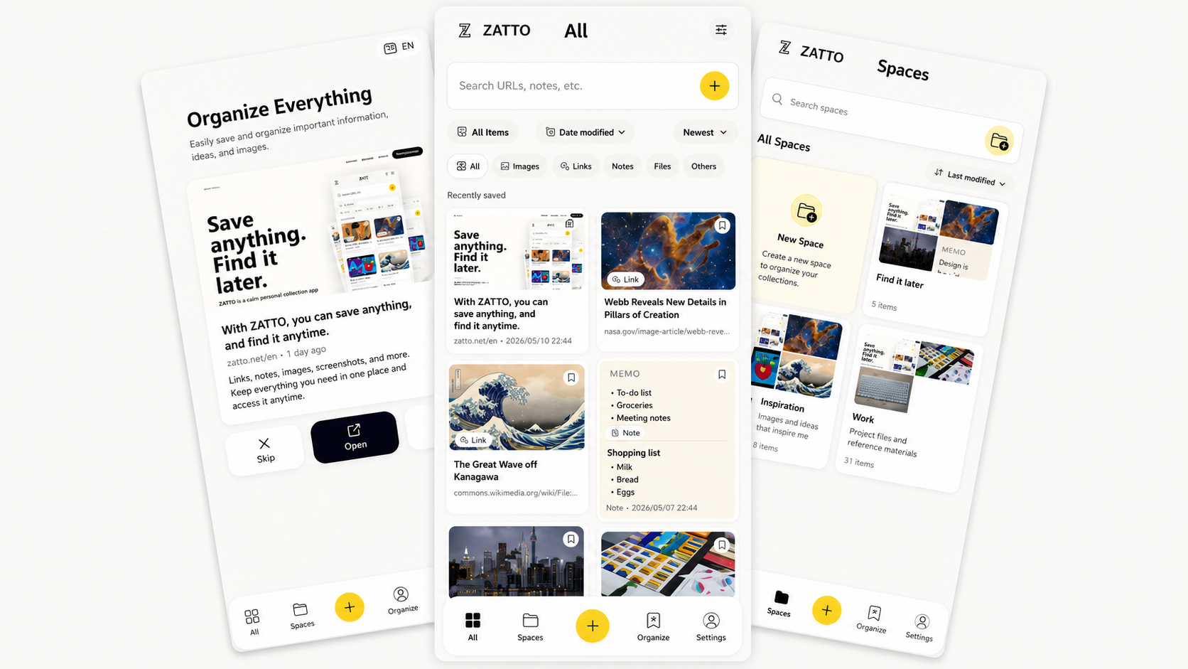 ZATTO app screens for saved items, quick save, and spaces