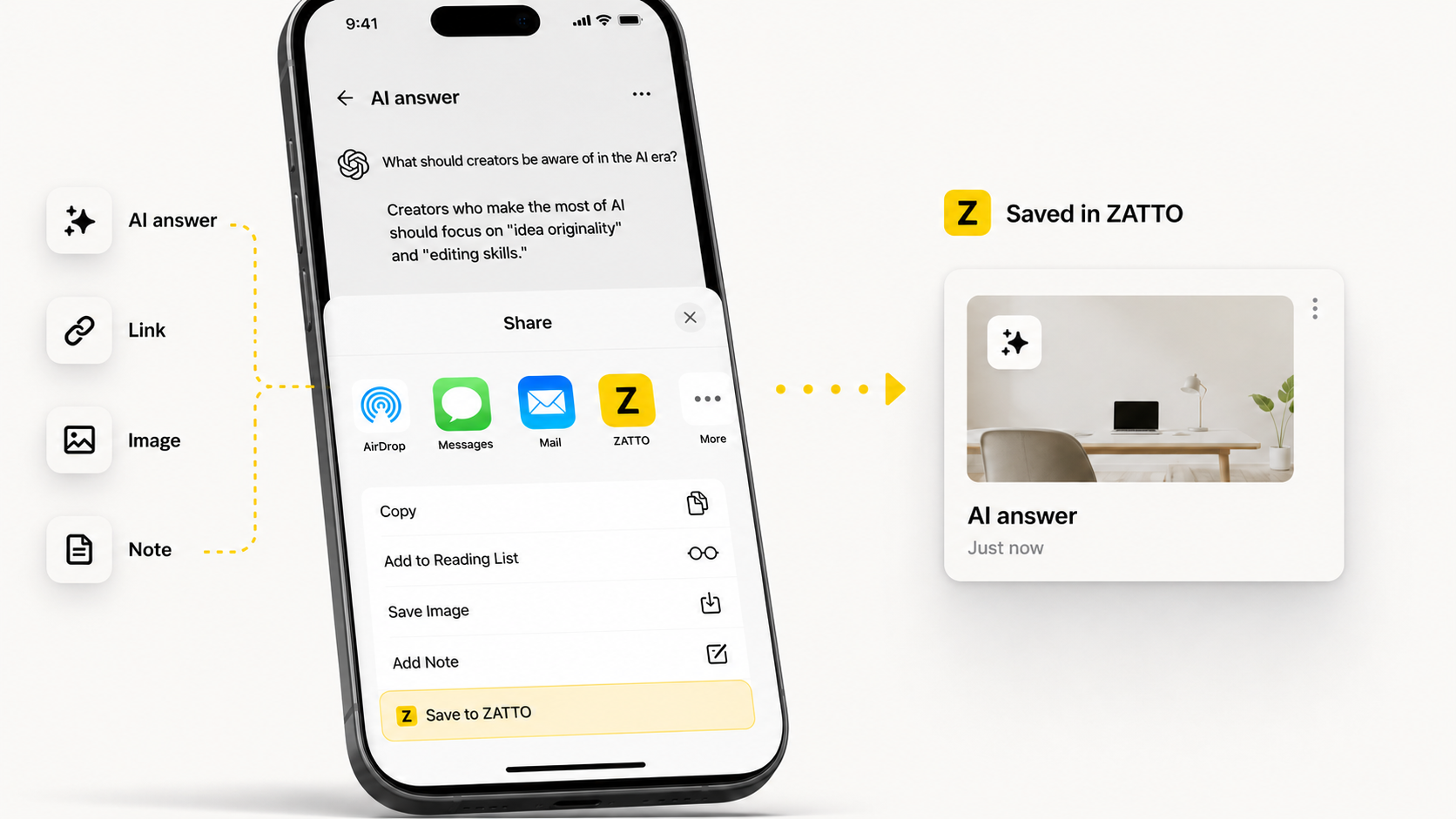 AI answers, links, images, and notes can be sent from share and saved in ZATTO