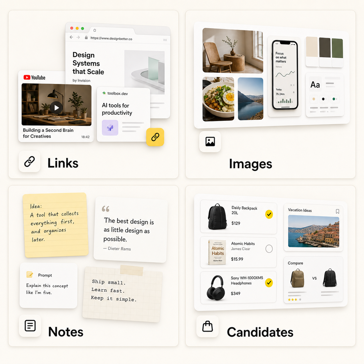 Use cases: collect links, images, notes, and candidates in one place