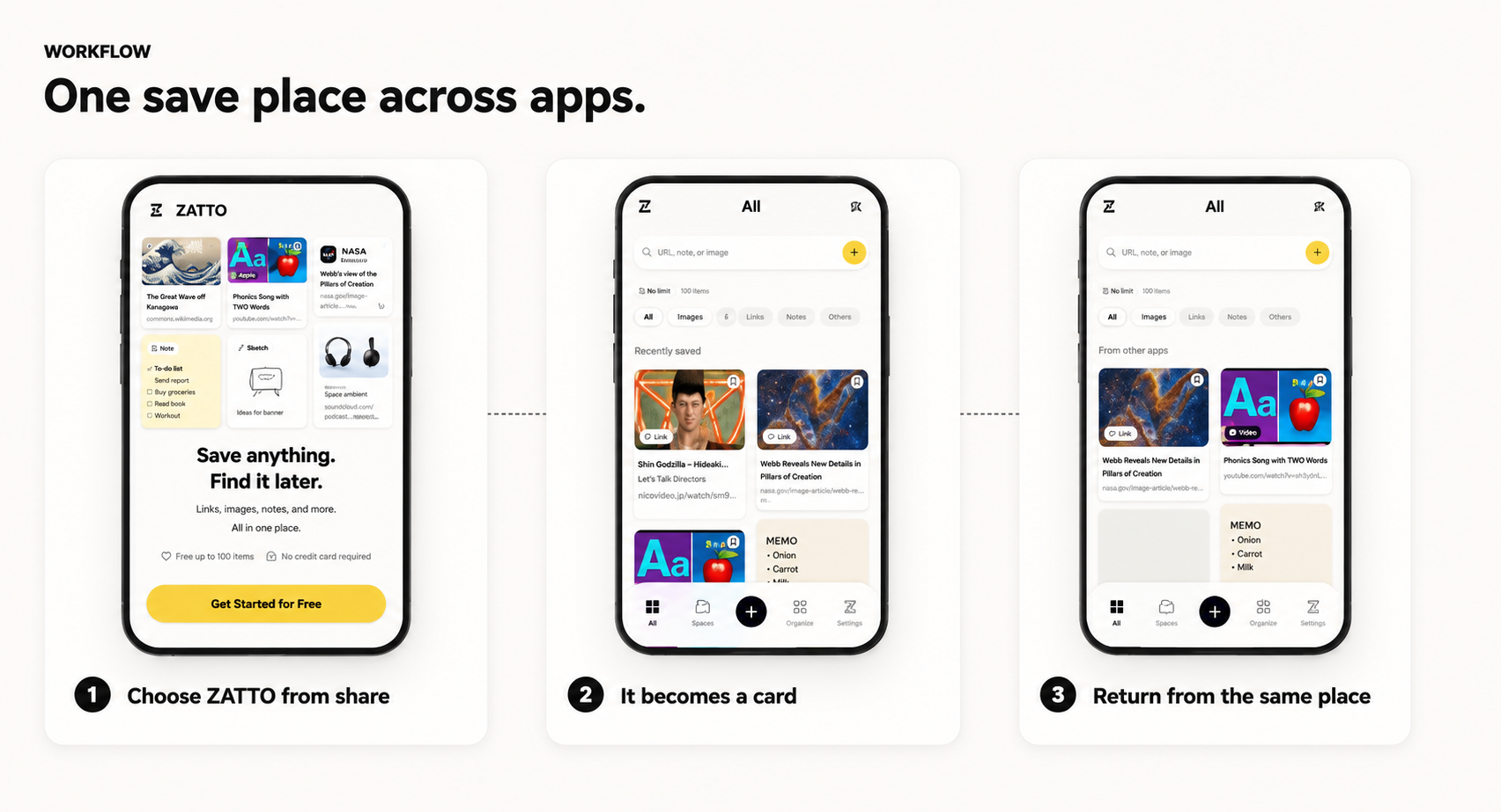 Choose ZATTO from share, save it as a card, and return from the same place later